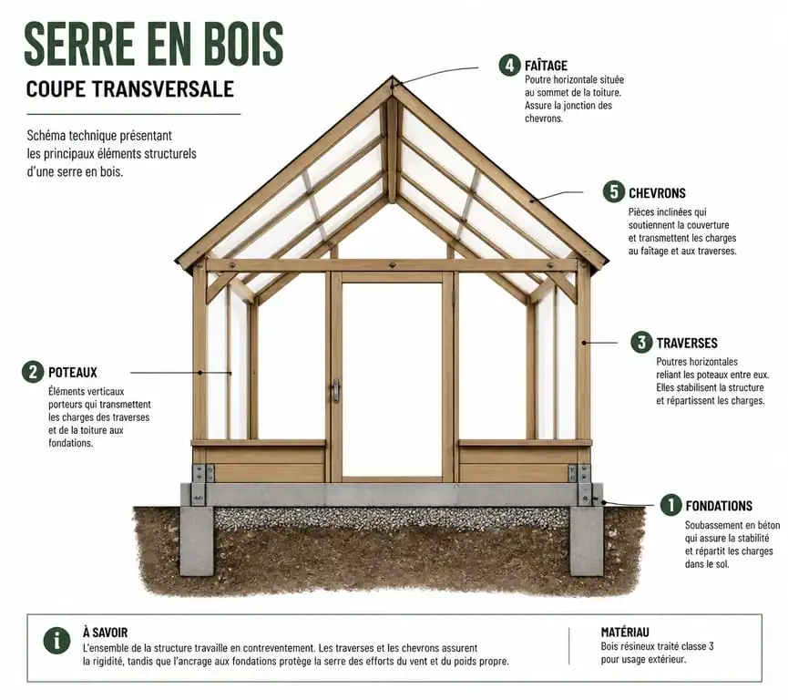 Schéma de construction d'une serre en bois avec liste des éléments structurels