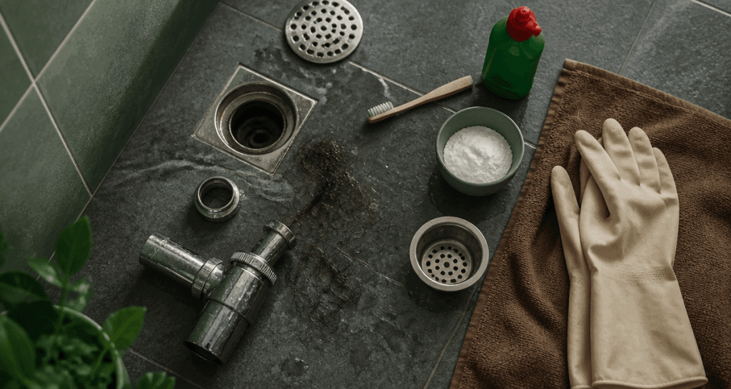 Déboucher douche produit avec cheveux et déboucheur