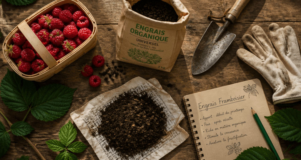 engrais framboisier panier et compost sur table