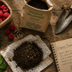engrais framboisier panier et compost sur table