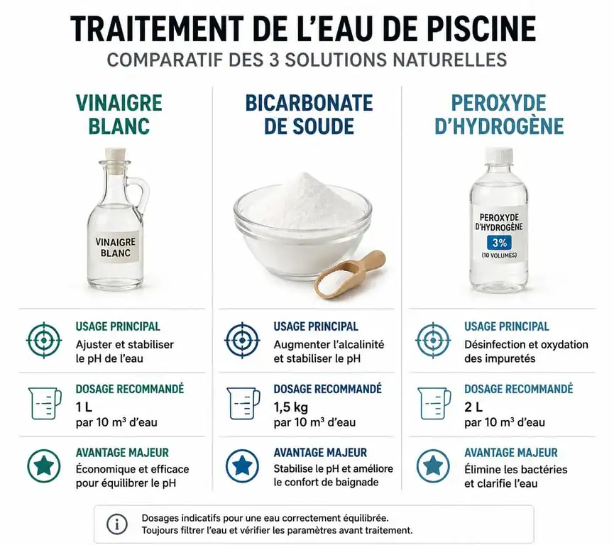 Infographie comparative des produits naturels pour l'entretien de piscine : vinaigre blanc, bicarbonate et peroxyde
