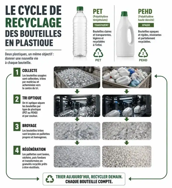 Infographie du processus de tri et recyclage des bouteilles en plastique PET et PEHD