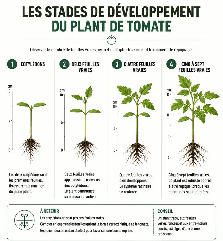 Stades de développement du plant de tomate pour le repiquage : cotylédons et feuilles vraies