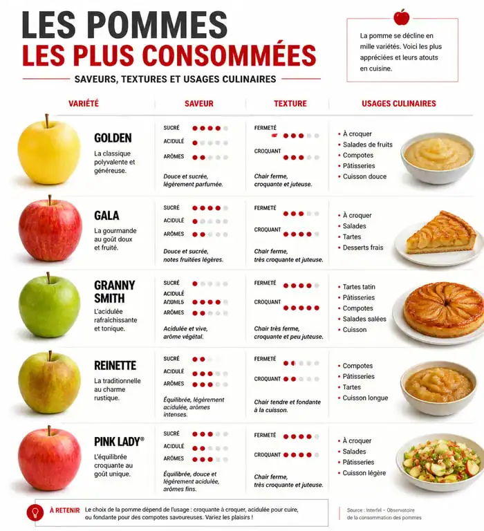 Tableau comparatif des variétés de pommes les plus consommées : Golden, Gala, Granny Smith, Fuji.