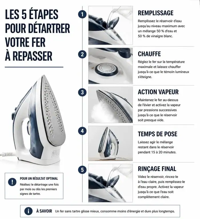 Infographie des étapes pour nettoyer un fer à repasser entartré et éliminer le calcaire