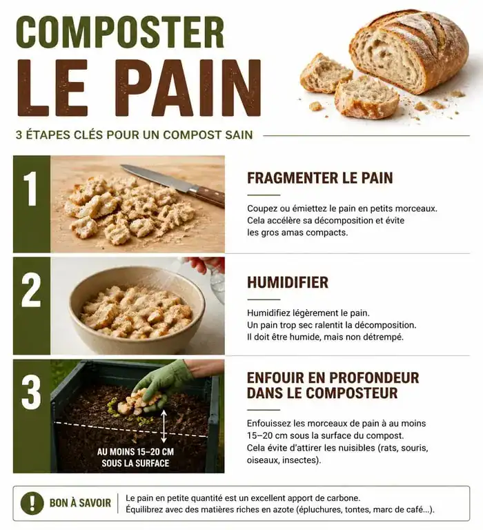 Infographie des bonnes pratiques pour composter du pain au jardin
