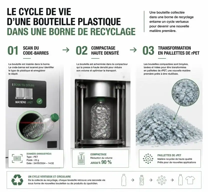 Processus de recyclage des bouteilles plastique en borne de consigne