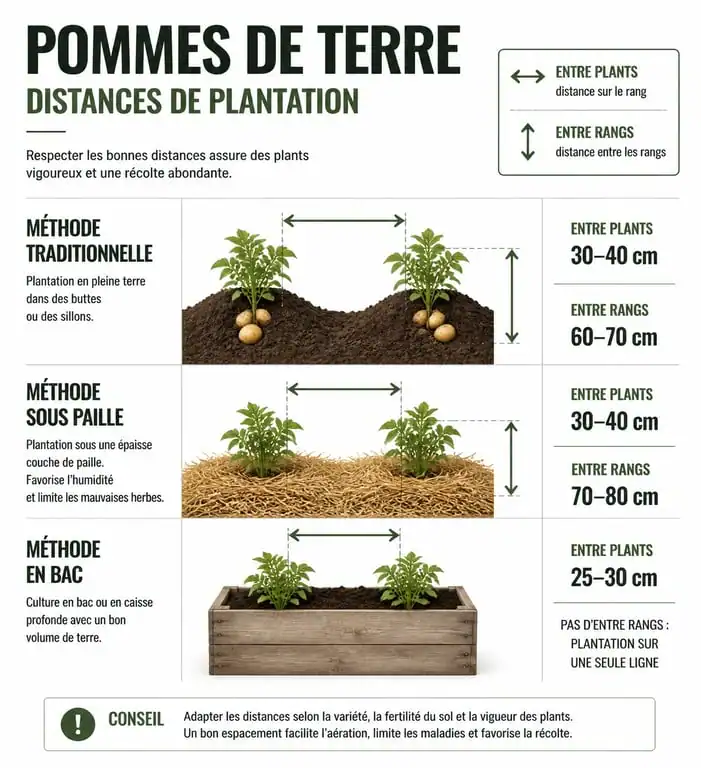 Infographie des distances de plantation de pommes de terre au potager