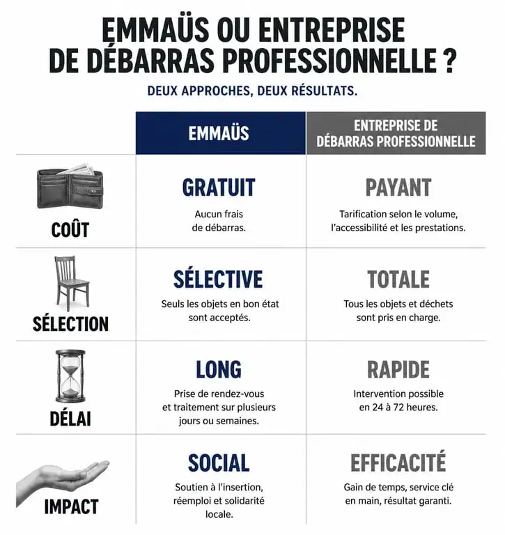 Infographie comparative entre le service de débarras Emmaüs et une entreprise professionnelle pour vider une maison
