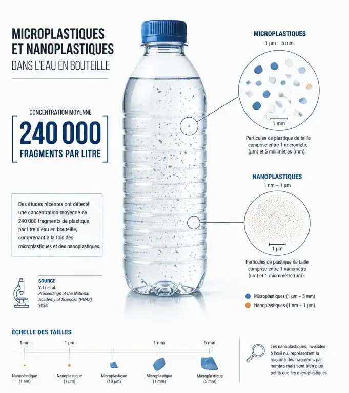 Infographie sur la concentration de microplastiques et nanoplastiques dans une bouteille d'eau