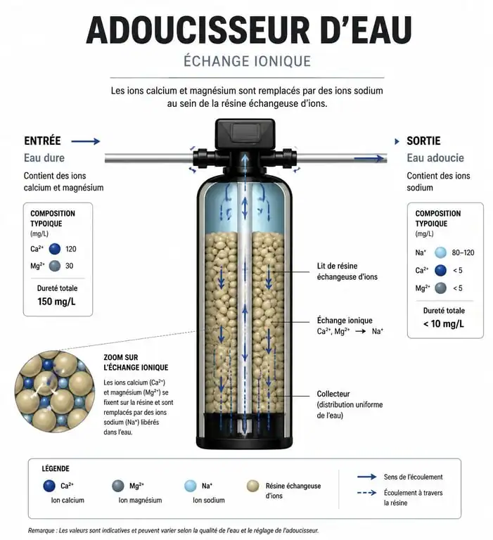 Schéma explicatif du fonctionnement d'un adoucisseur d'eau par échange ionique pour adoucir l'eau