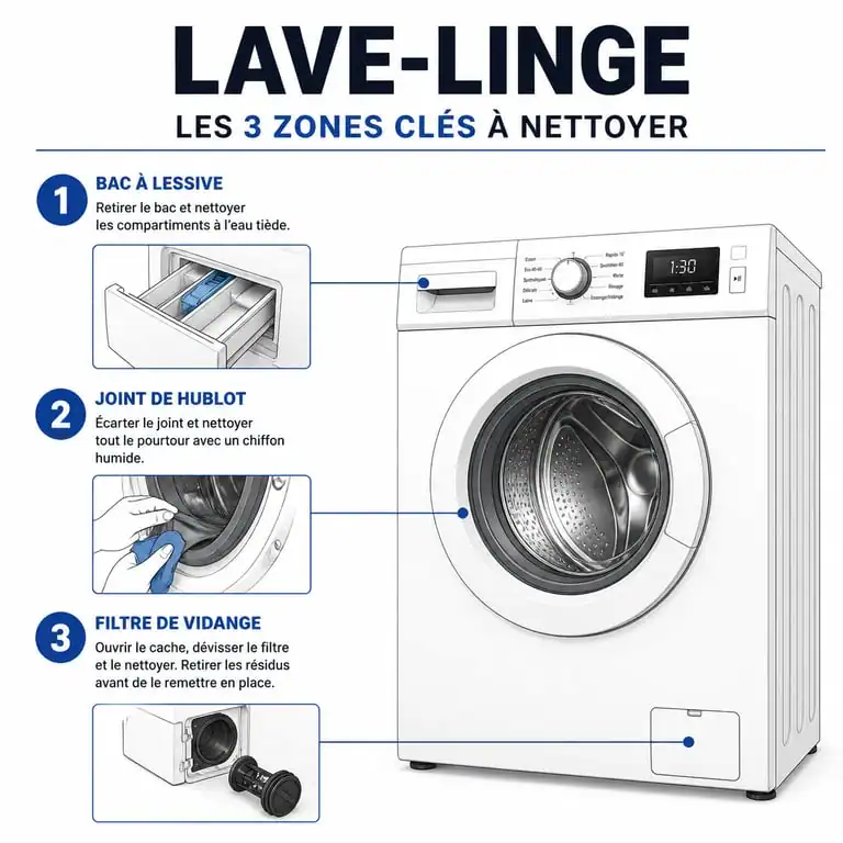 Schéma des zones d'entretien pour éliminer l'odeur du lave-linge