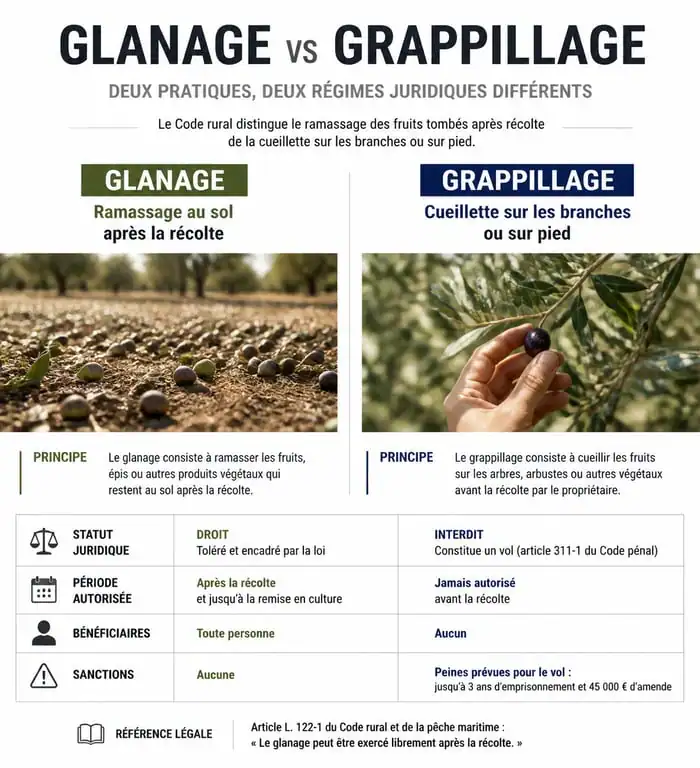 Infographie explicative sur la différence entre glanage et grappillage pour le ramassage de fruits