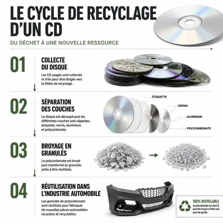 Infographie illustrant le processus de recyclage des CD et la valorisation du polycarbonate