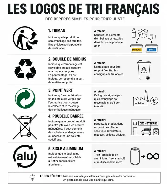 Infographie récapitulative des logos de tri et leur signification pour le recyclage