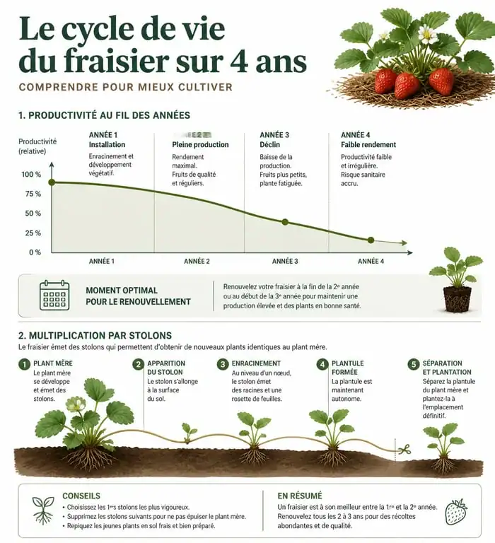 Schéma du cycle de vie et renouvellement des vieux fraisiers au potager