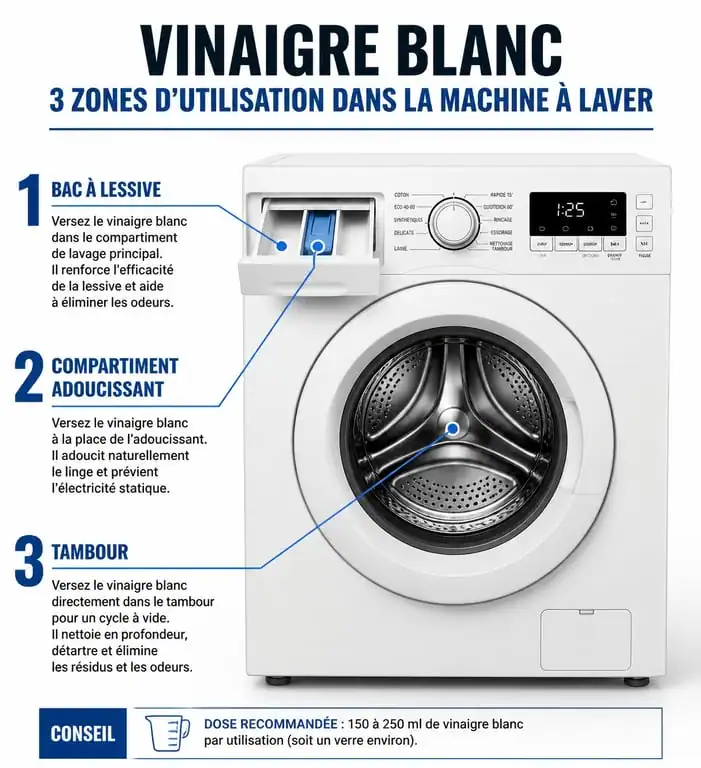 Schéma des zones d'utilisation du vinaigre blanc dans une machine à laver