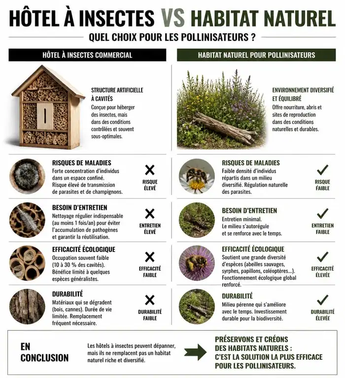 Infographie comparative : hôtel à insectes inconvénients vs habitat naturel pour la biodiversité