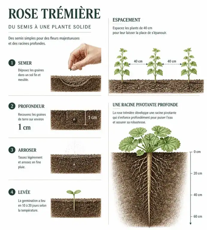 Étapes de semis de la rose trémière : profondeur et espacement pour une croissance optimale