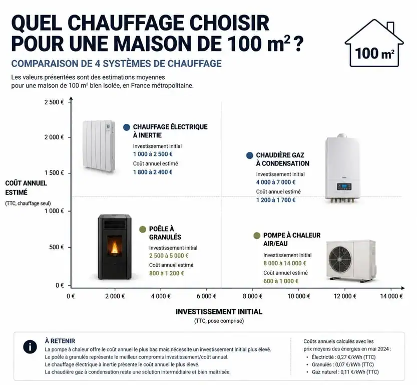 Comparatif des systèmes de chauffage pour une maison de 100m2 : investissement et coût annuel