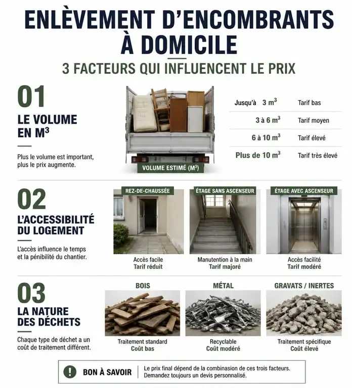 Infographie des facteurs influençant le prix d'un enlèvement d'encombrants à domicile
