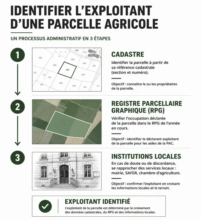Schéma des étapes pour identifier l'exploitant d'une parcelle agricole