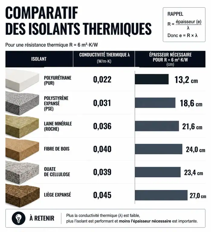 Tableau comparatif des performances des isolants thermiques : conductivité et épaisseur