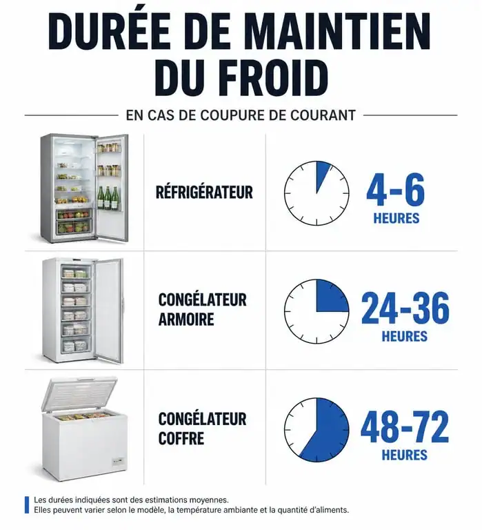 Infographie sur la durée de maintien du froid d'un réfrigérateur et congélateur sans électricité