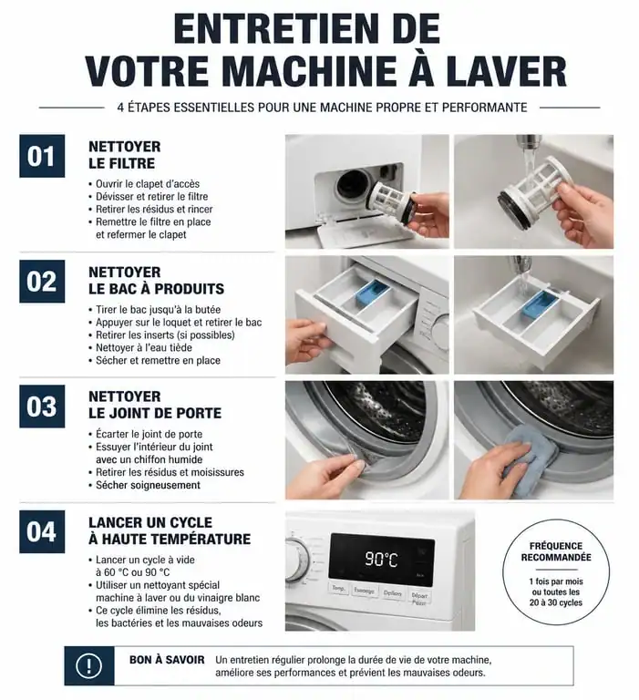 Infographie des étapes d'entretien et nettoyage tambour machine à laver