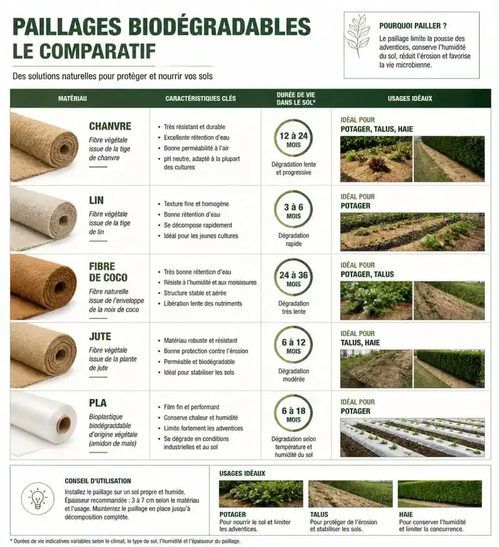 Comparatif des matériaux de toile de paillage biodégradable pour le jardin