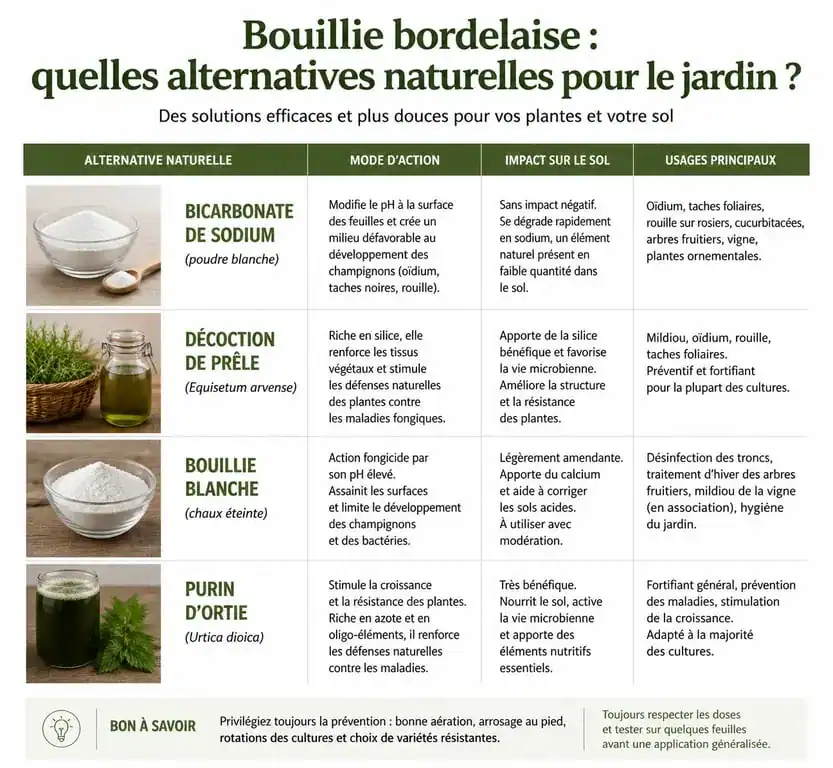 Tableau comparatif des alternatives naturelles à la bouillie bordelaise pour le jardin