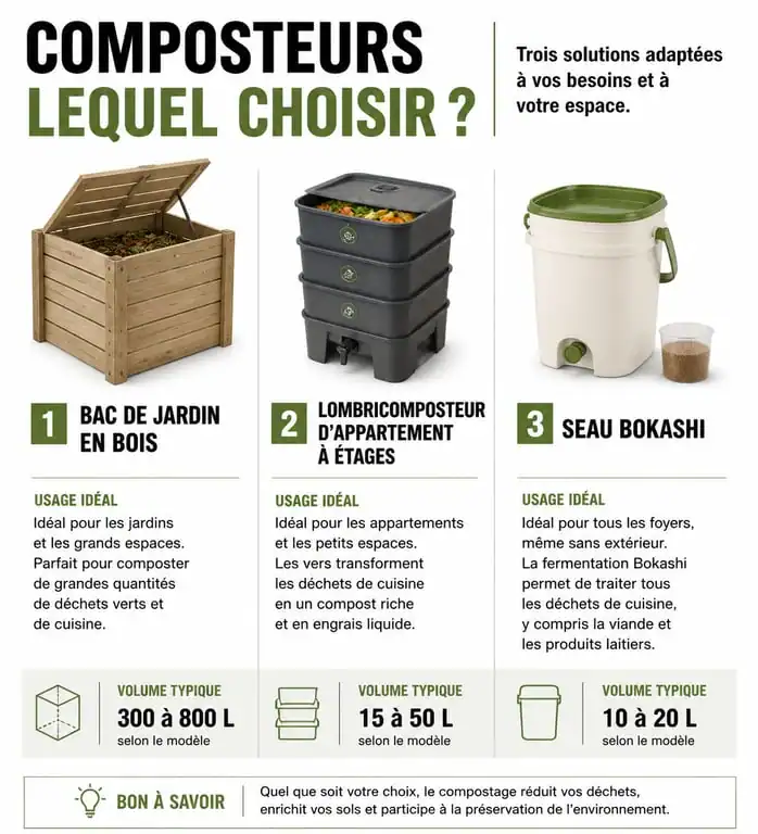 Infographie comparative des différents types de composteurs pour choisir le modèle adapté à son habitat