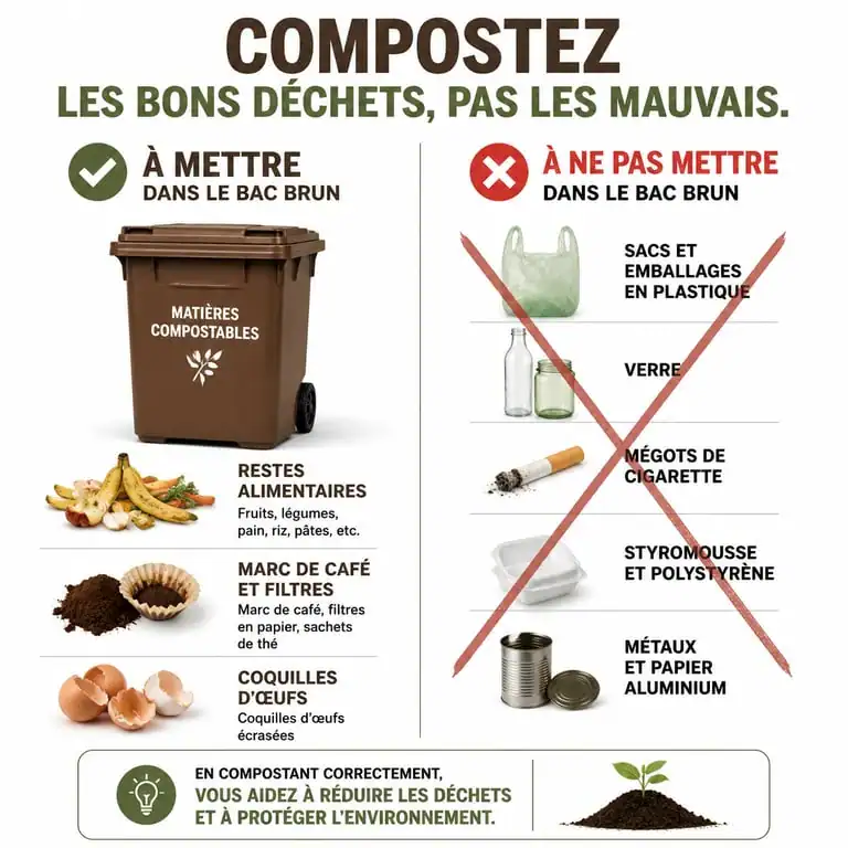 Infographie des déchets acceptés et refusés dans la poubelle marron pour le tri des biodéchets