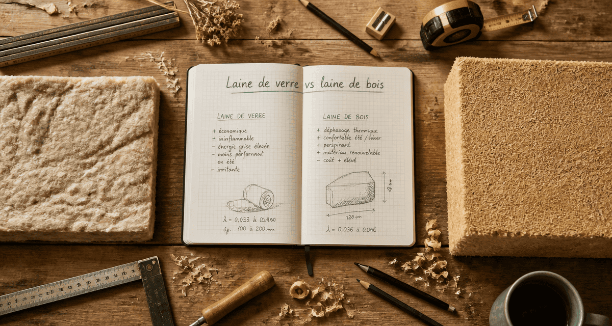 laine de verre ou laine de bois échantillons sur bureau artisan