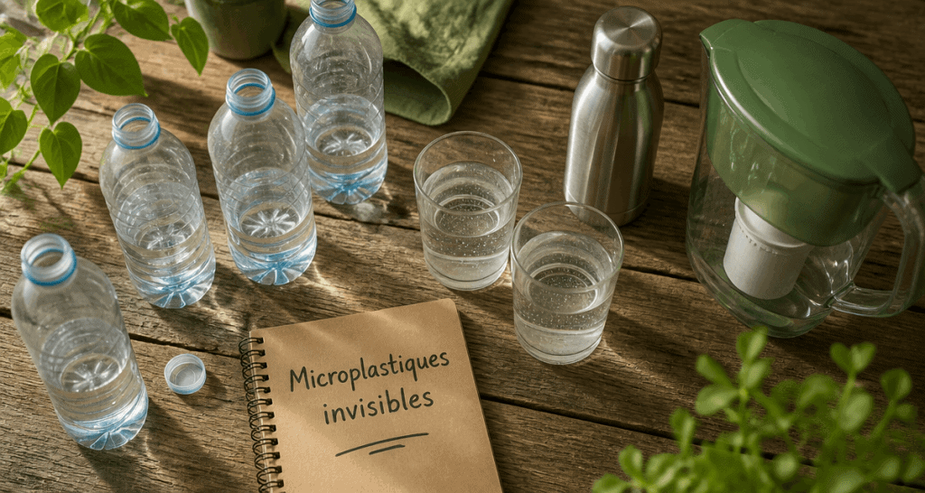 microplastique bouteille d eau sur table avec alternatives
