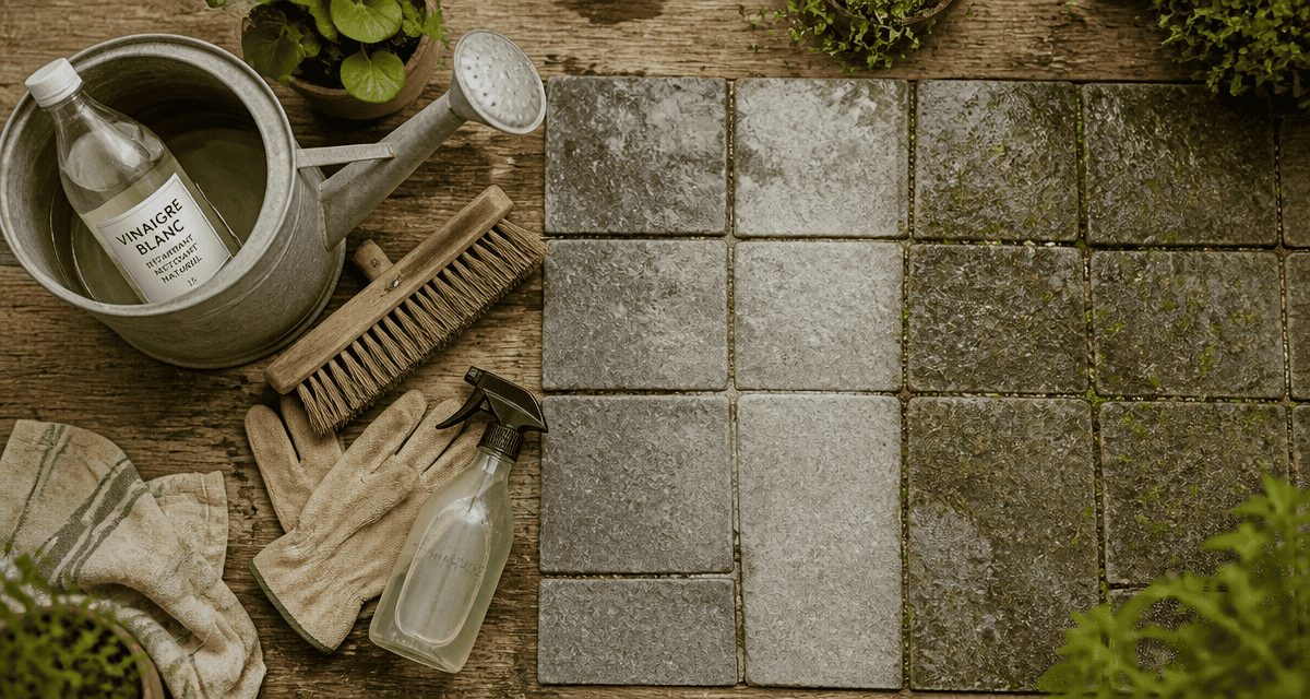 nettoyage dalle terrasse vinaigre blanc avec arrosoir et brosse