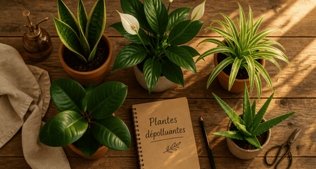 plantes d'interieur depolluante en pots sur table