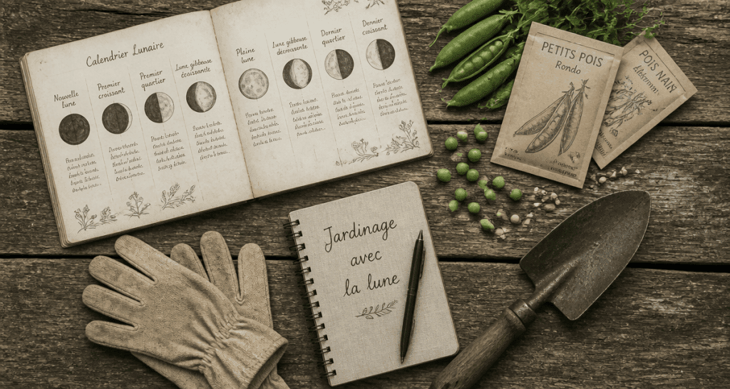 quand semer les petit pois avec la lune sur une table de jardin