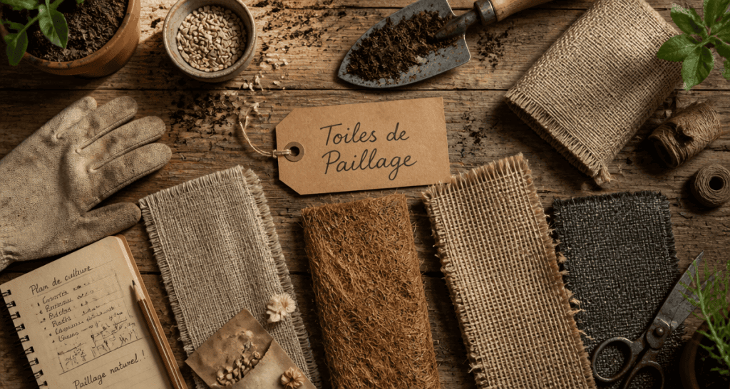 échantillons de toile de paillage biodégradable sur plan de travail