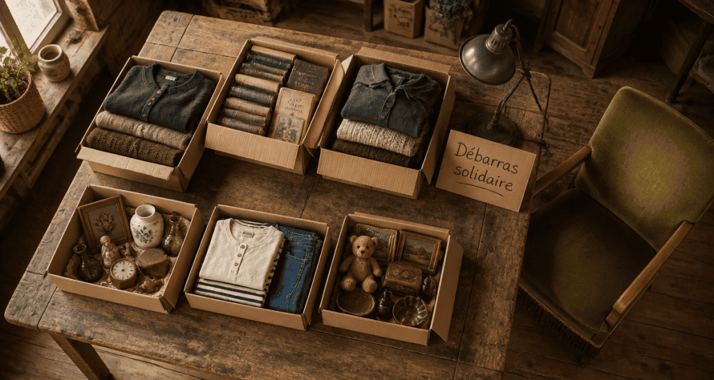 vider une maison emmaus table cartons fauteuil