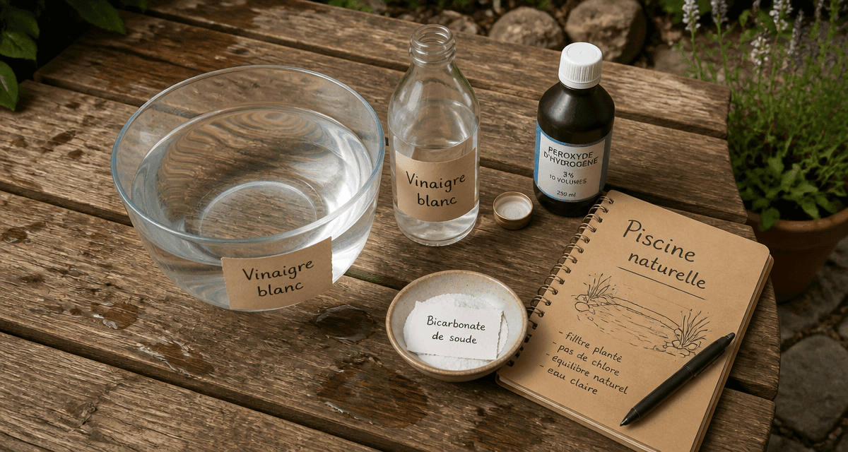 vinaigre blanc piscine sur table avec accessoires