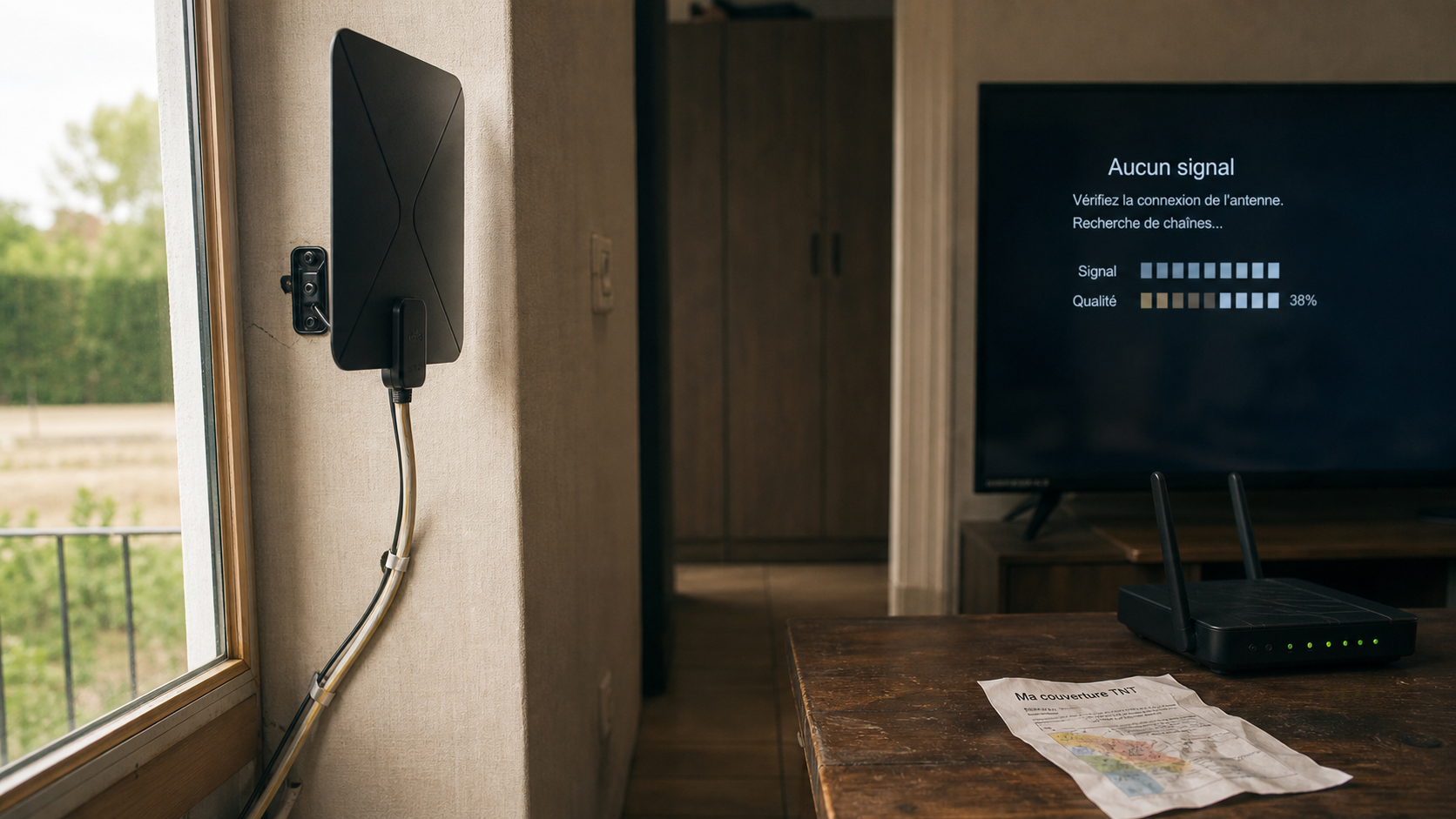 Antenne tnt reception difficile interieur : signal TV instable près de la fenêtre