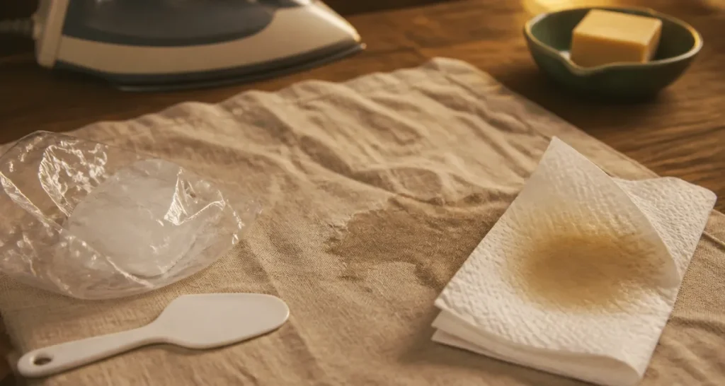 Astuce de grand-mère pour enlever la cire de bougie avec glaçon et papier absorbant