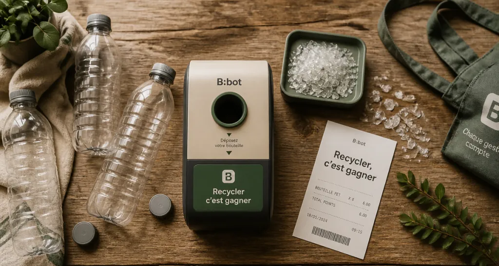 bouteille plastique recyclage sur table avec borne et ticket
