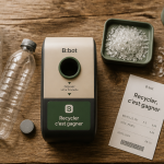 bouteille plastique recyclage sur table avec borne et ticket