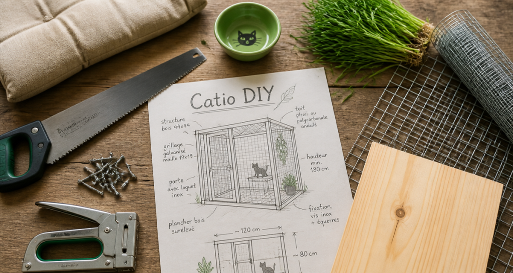 Enclos chat extérieur à faire soi-même, outils et croquis DIY