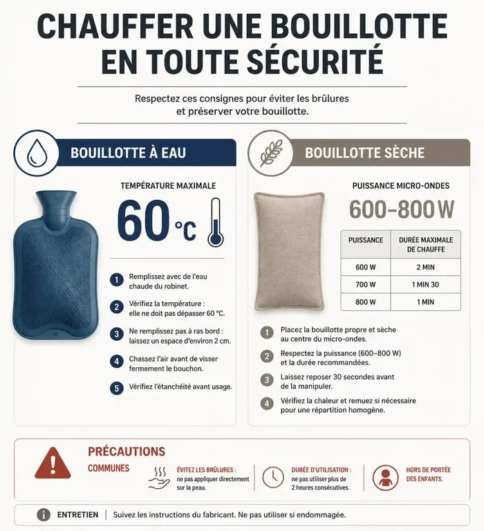 Infographie des consignes de sécurité pour savoir comment faire chauffer une bouillotte en toute sécurité