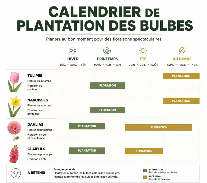 Calendrier illustré pour savoir quand planter ses bulbes de fleurs au jardin