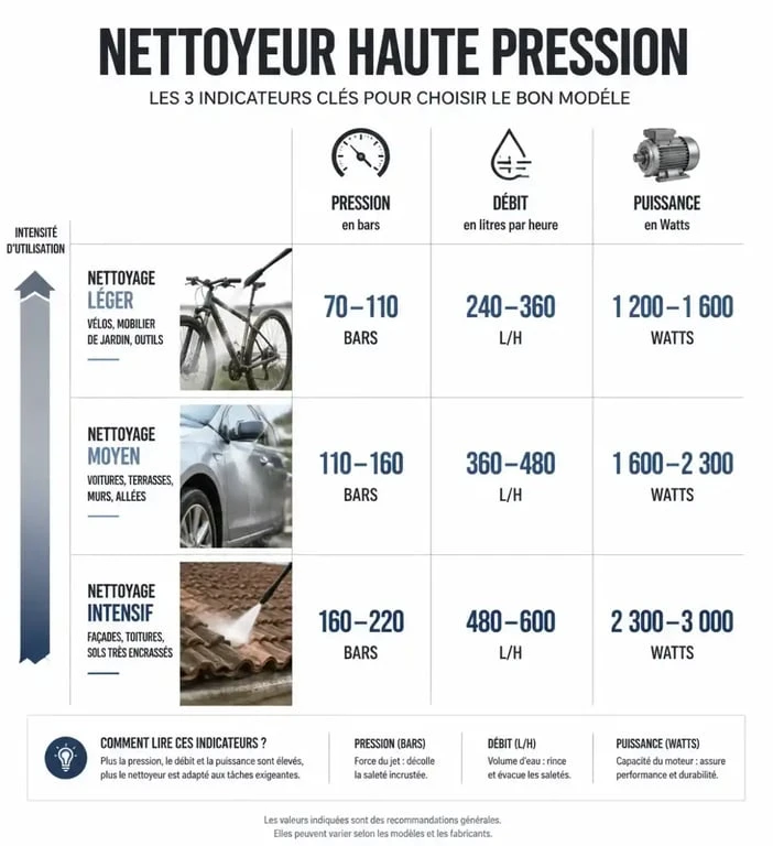 Infographie des critères de puissance pour choisir son nettoyeur haute pression Karcher selon l'usage