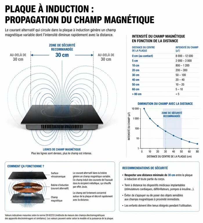 Schéma des distances de sécurité et danger des plaques à induction